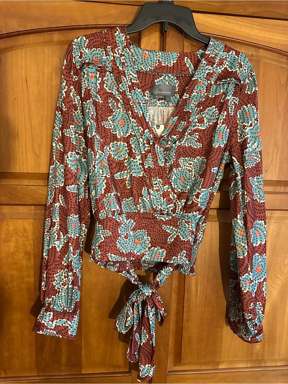 Anthropologie Front Faux Wrap Top, L, Gathered Waist, a Tie, & Long Sleeves, NWT